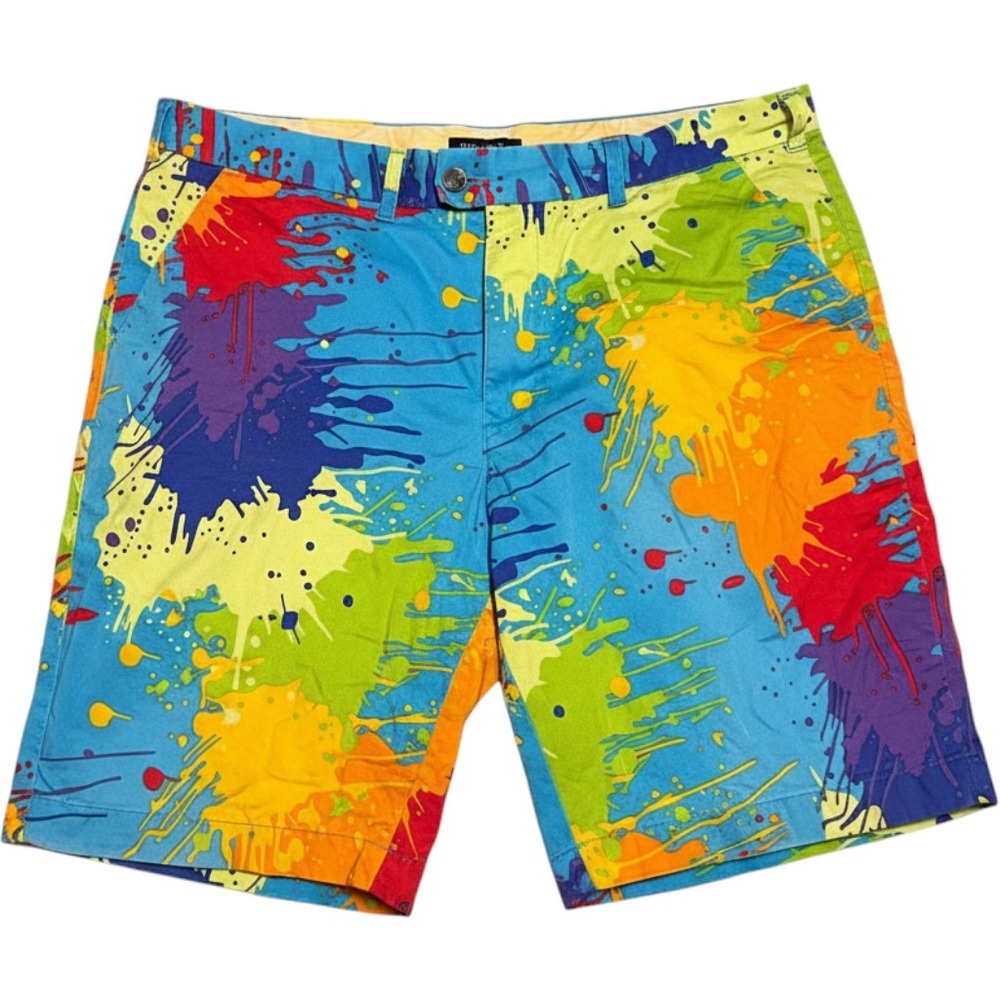 Loudmouth Golf Shorts Mens 38 Blue Paint Splatter Rainbow Colorful Flat Front